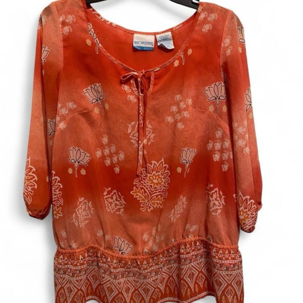 Vibrant Orange Floral Blouse with Tie Neck